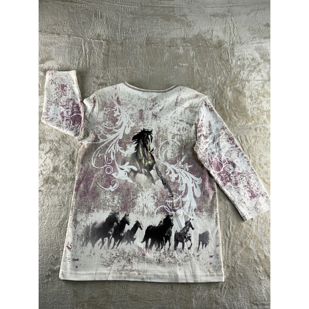 Cactus Bay 3/4 Sleeve Horse Graphic Rhinestone‎ V-Neck Top Mauve Large USA NEW